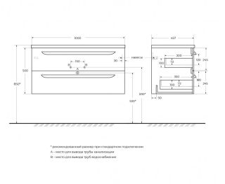 База под раковину Cezares подвесная с двумя выкатными ящиками, правосторонняя, Bianco Lucido, 1000x457x500, ECO-CER-N-1000-2C-SO-BL-R